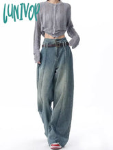 Lunivop Women’s Retro Style High Waisted Splicing Design Pants Casual Blue Jeans Vintage American